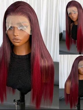 Burgundy Ombre Lace Front Straight Wig - Women Hair